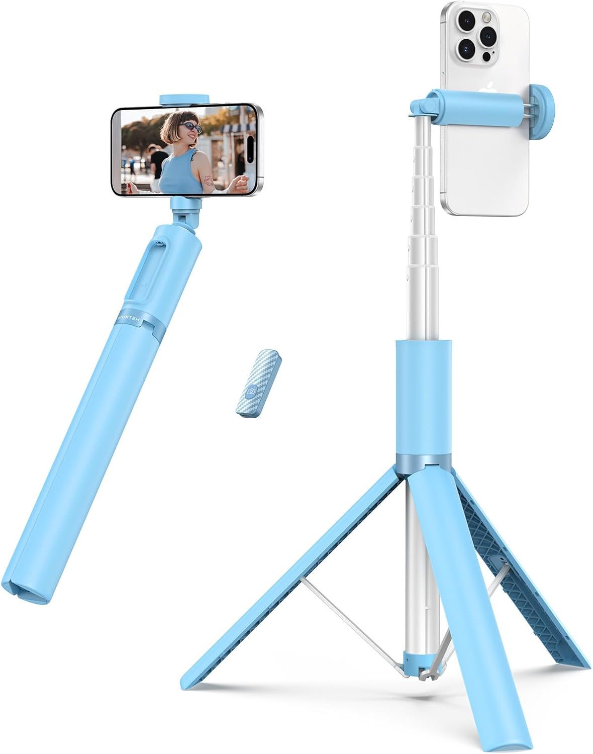 ATUMTEK 55" Selfie Stick Tripod, All-in-one Extendable Aluminum Phone Tripod with Rechargeable Bluetooth Remote for iPhone and More, Fit 4.7-7 inch Smartphones, Blue