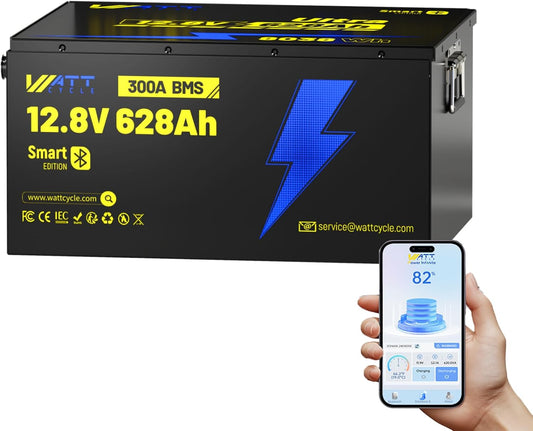 12V 628Ah LiFePO4 Lithium Battery, Built-in Bluetooth 5.0 & 300A BMS, Full Metal 8038Wh Energy, 15000+ Deep Cycles Batterys, Perfect for Home Energy, RV, Marine, Solar, Trolling Motor