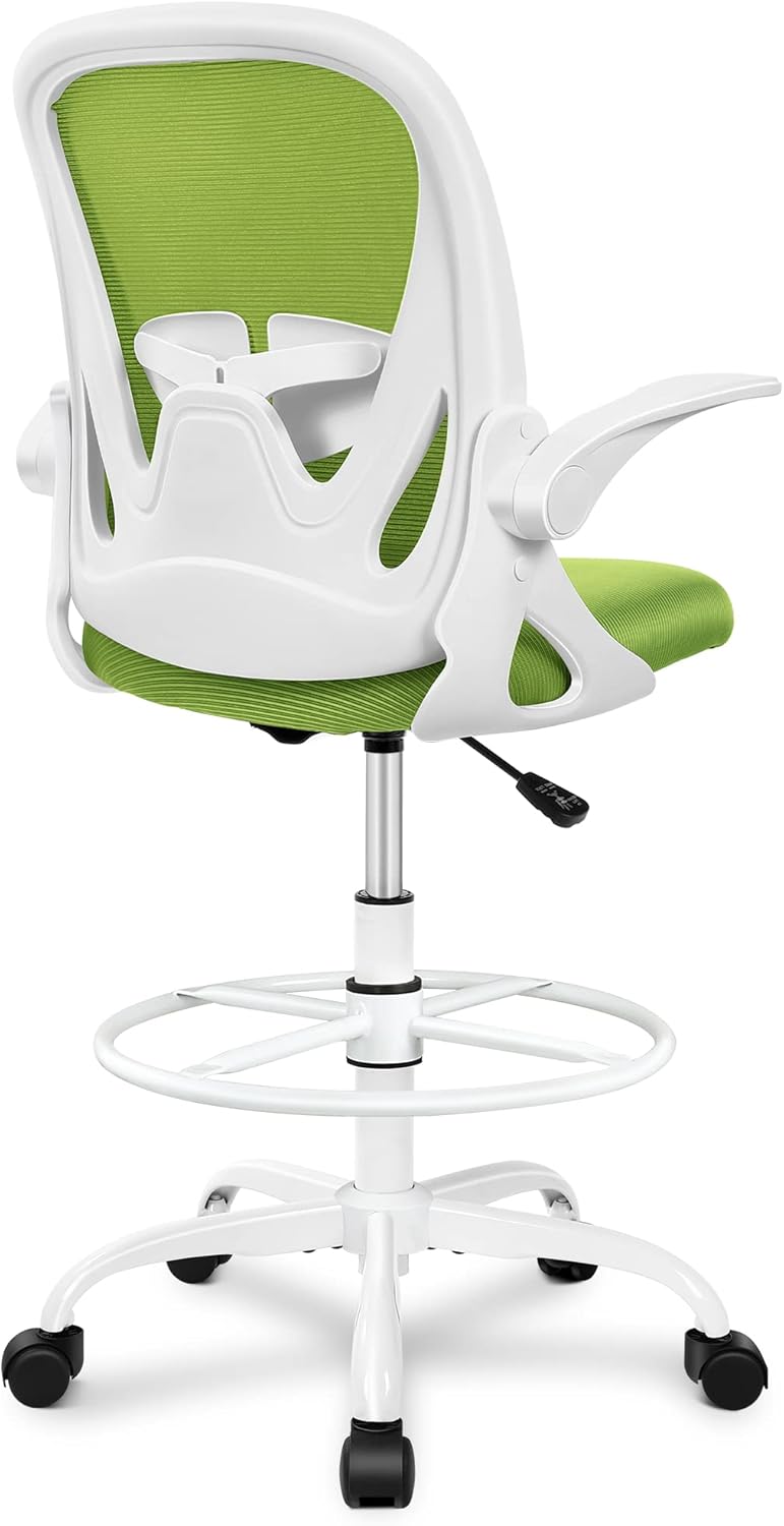Primy Drafting Chair Tall Office Chair with Flip-up Armrests Executive Ergonomic Computer Standing Desk Chair with Lumbar Support and Adjustable Footrest Ring (Green)