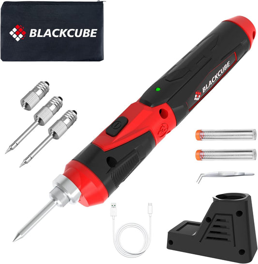 BLACKCUBE 4V Cordless Soldering Iron Kit, Rechargeable Soldering Iron with 2000mAH Rapid Heat Lithium-Ion Battery, LED Spotlight & Solder Tips, Professional Portable Welding Tool for DIY and Home Use