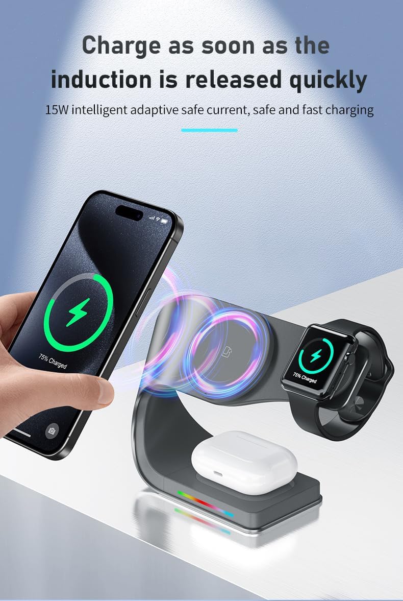 Wireless Charger, 3 in 1 Fast Charging Station for iPhone 15/14/13/12, Apple Watch, AirPods, 15W Magnetic Foldable Charging Dock, Portable Qi Wireless Charger Stand for Home, Office, Travel