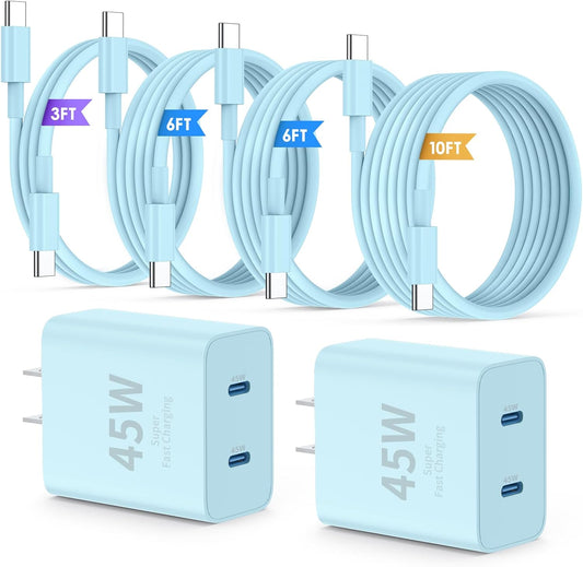 Super Fast Samsung Charger Type C,45W Dual Port USB C Fast Charger Block [2-Pack] & Extra Long 60W 3/6/6/10FT USB C Cable - PD Quick Charging 3.0 for Samsung Galaxy S25 Ultra/S24+/S23 iPhone 16