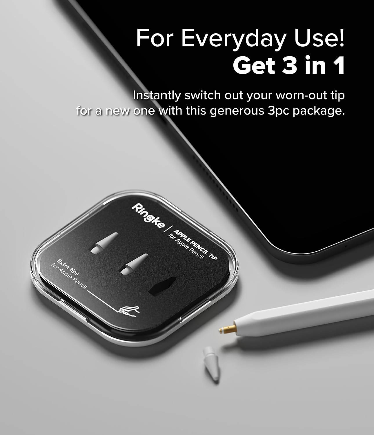 Ringke Apple Pencil Tips [3 Pack/Replacement for All Generations] Compatible with Apple Pencil Pro, 1st, 2nd Gen, USB-C Accessories, Chunky & Solid Feel Nib - 2B (Matte Light Gray)