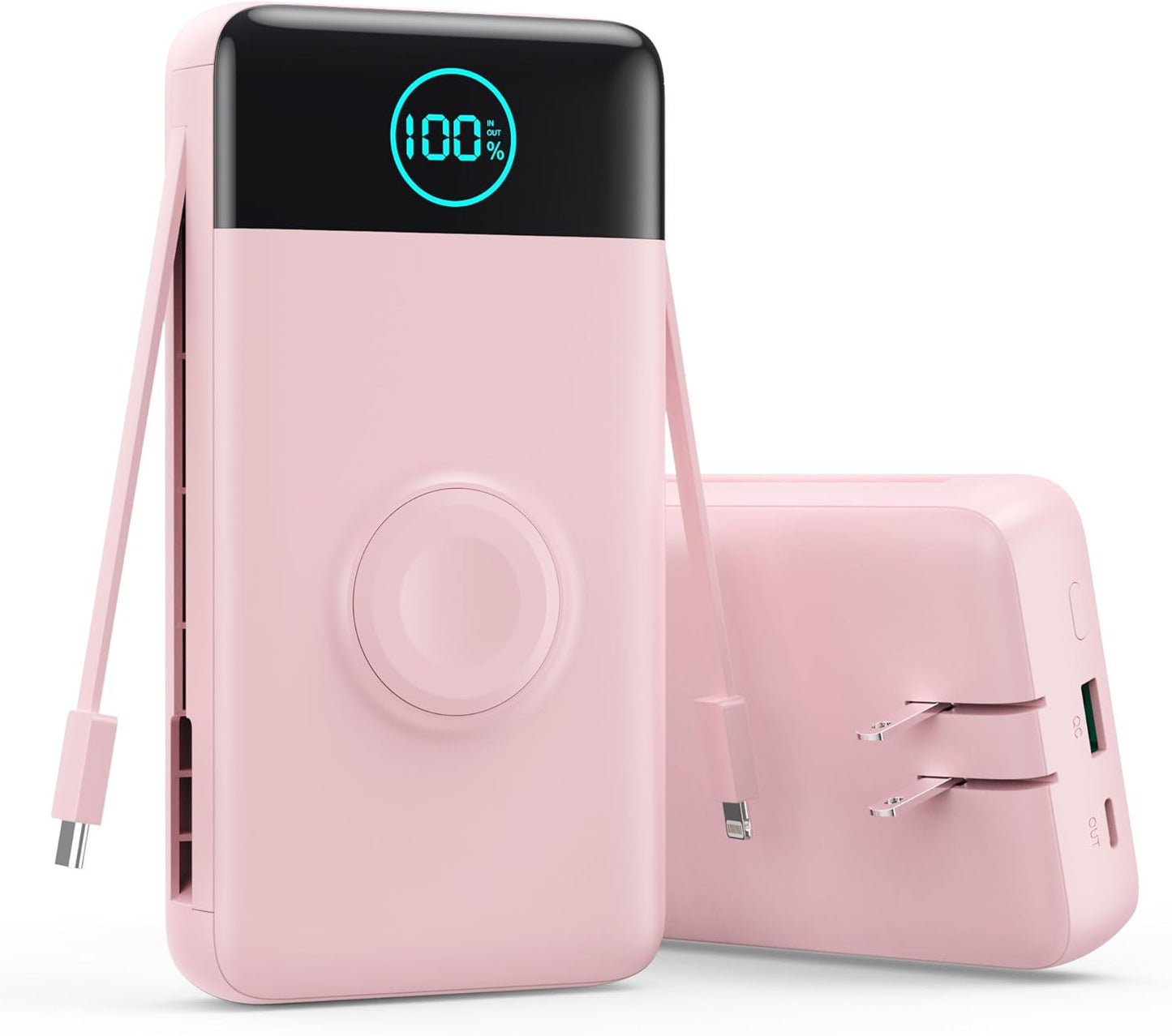 Portable Charger 40800mAh Power Bank with Built-in Cables,Wall Plug and iWatch Charger,6-in-1 QC4.0+25W PD USB C Fast Phone Charging,LCD Display Battery Pack for iPhone 16/15,Apple Watch,Galaxy-Pink