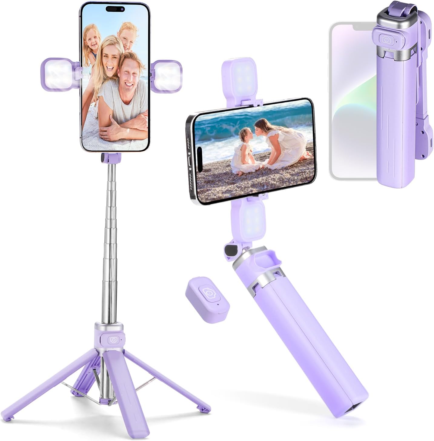 MQOUNY Mini iPhone Tripod Stand & Selfie Stick with Wireless Remote & Removable Light, Extendable Stand 360 Rotation Compatible with iPhone & Android Samsung (Purple)