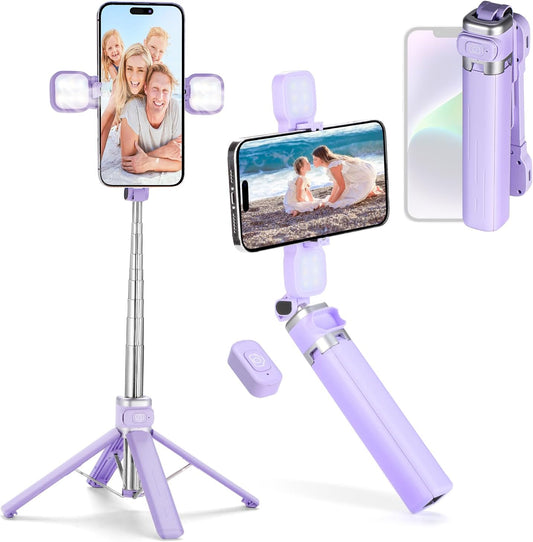 MQOUNY Mini iPhone Tripod Stand & Selfie Stick with Wireless Remote & Removable Light, Extendable Stand 360 Rotation Compatible with iPhone & Android Samsung (Purple)