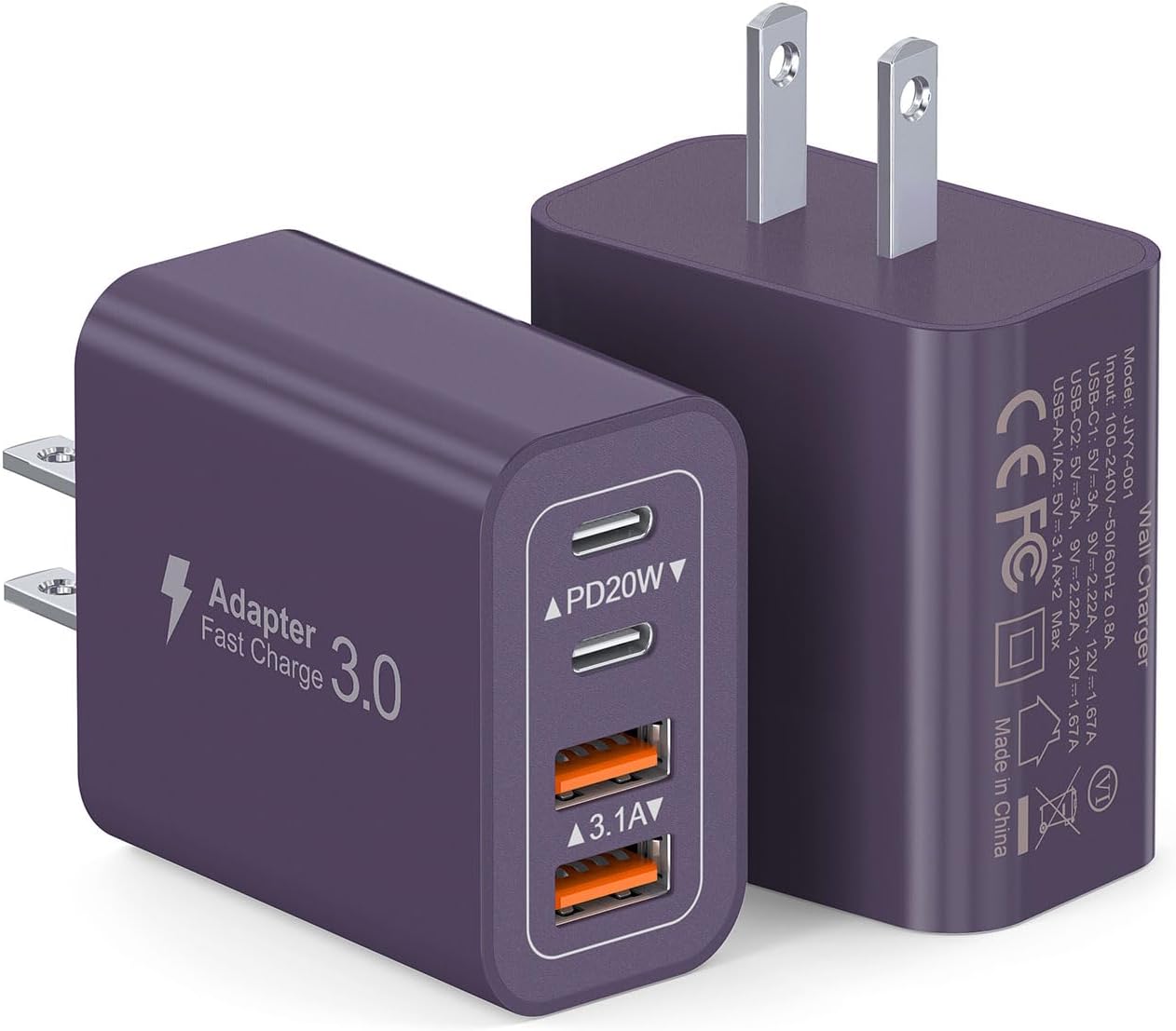 [2Pack] 40W USB C Plug,4-Port Fast Charger Block PD+QC 4 Port Charger Cube Wall Charging Box Brick for Samsung Galaxy S22/S21+/S21 Ultra,Magsafe Wireless Charger,iPhone 16/16 Pro Max/15/14/13(Purple)