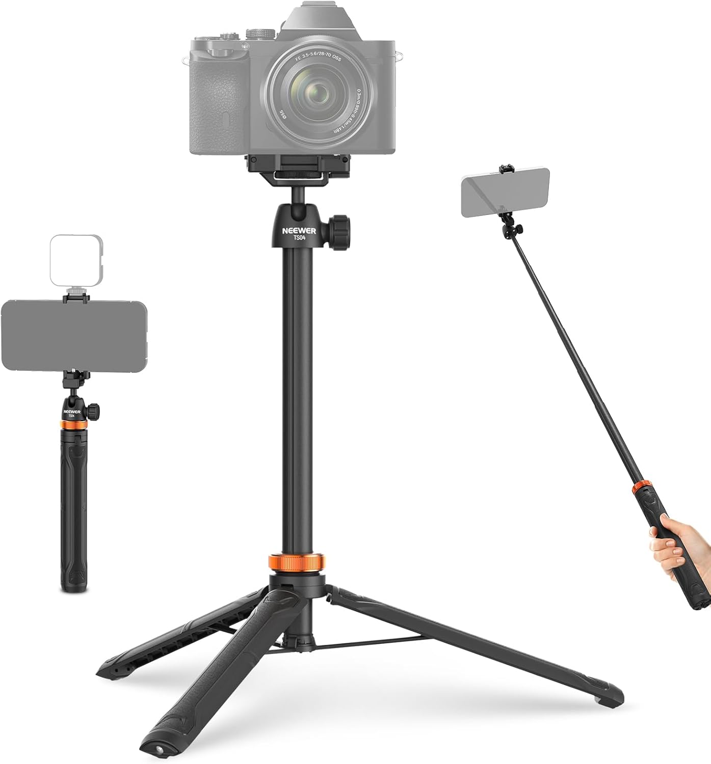 NEEWER Basics 59" Selfie Stick Tripod Compatible with iPhone DLSR Canon Sony Camera, Small Metal Portable Travel Desk Stand for Video Recording Filming, TS04