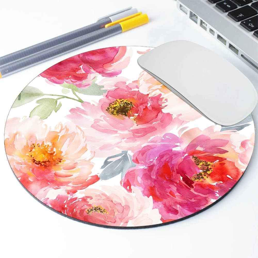Pink Peony Flower Round Mousepad, Personalized Custom Design Mouse Pads，Cute Waterproof Circular Non-Slip Rubber Base Small Mouse Pad， Mousepad for Laptop Computers