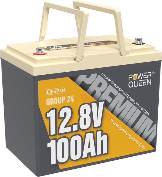 Power Queen 12V 100Ah Group 24 LiFePO4 Battery, 1280Wh Lithium Battery with 100A BMS,Grade A Battery Cell, Perfect for Trailer RV, Marine, Solar Power System