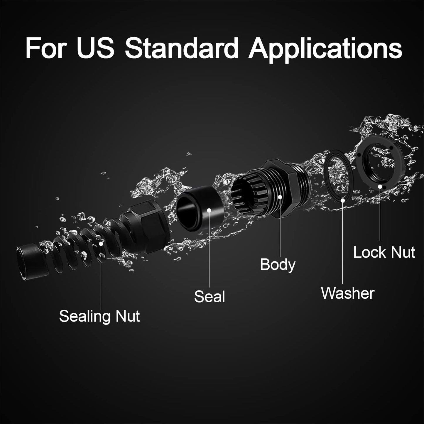 LeMotech 50Pcs NPT 1/2" IP68 Waterproof Cable Gland Flex Spiral Strain Relief Black Nylon Joint with Gaskets for 6-12mm Wire Thread