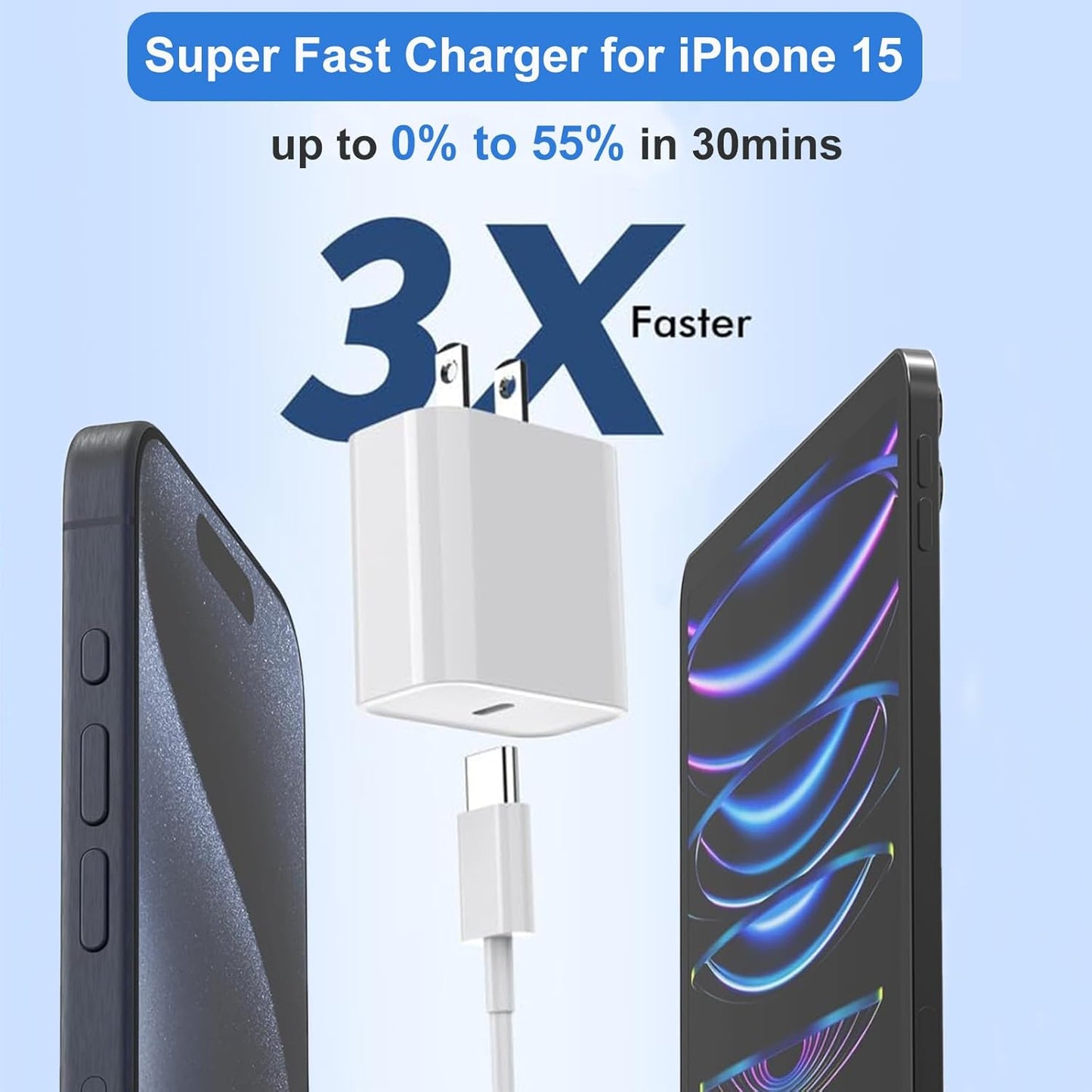 iPhone 15 Charger Fast Charging, 20W USB C Charger Block Plug Brick 10FT USB C to USBC Cable Cord Compatible with iPhone 15/15 Pro/15 Pro Max/15 Plus, iPad Pro 12.9/13/11inch,iPad Mini 6,iPad Air 4/5