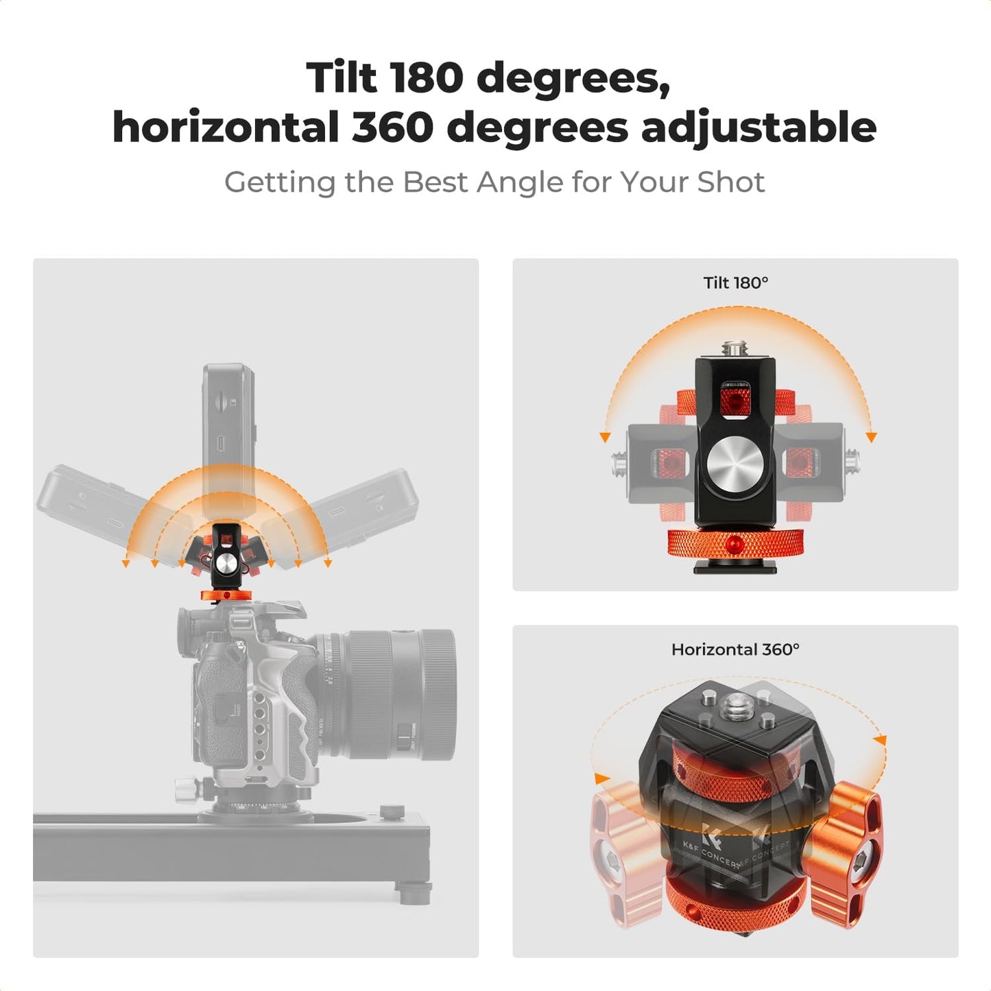 K&F Concept Adjustable Camera Monitor Mount, Aluminum Camera Mount 360° Swivel 180° Tilt with Cold Shoe 1/4" Screw ARRI Anti-Twist Design for 5" & 7" Field Monitor DSLR Action Camera