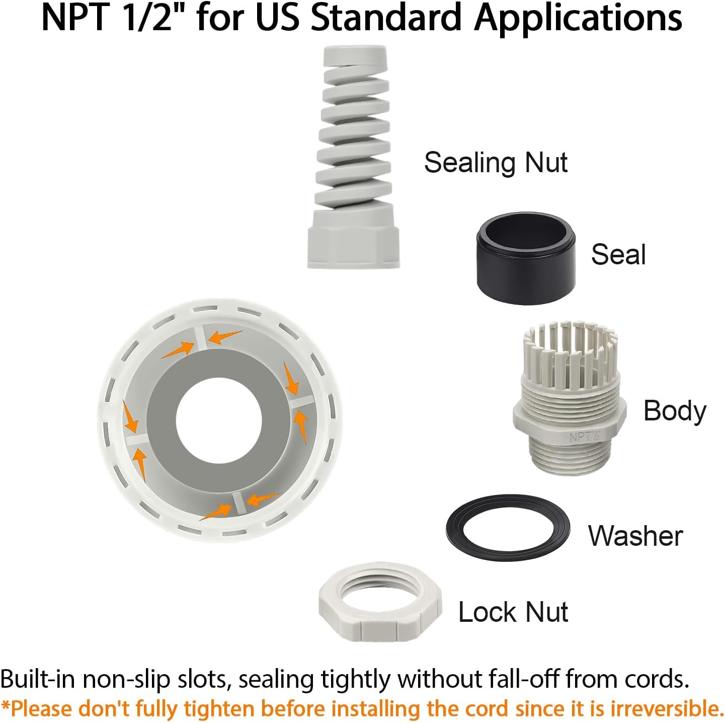 LeMotech 50Pcs NPT 1/2" IP68 Waterproof Cable Gland Flex Spiral Strain Relief Grey Nylon Joint with Gaskets for 6-12mm Wire Thread