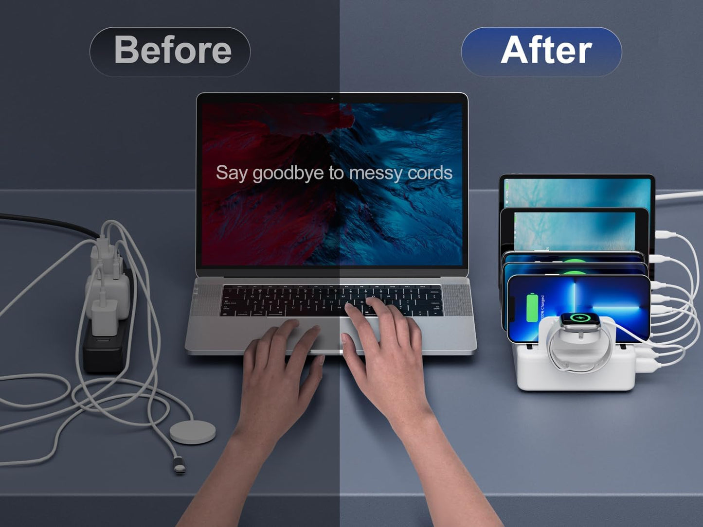 Charging Station for Multiple Devices, 6 Port 50W Fast Multi Charger Station Charging Dock with 6 Mixed Charging Cables for iPhone, iPad, Kindle, Tablet, Cellphone and Others