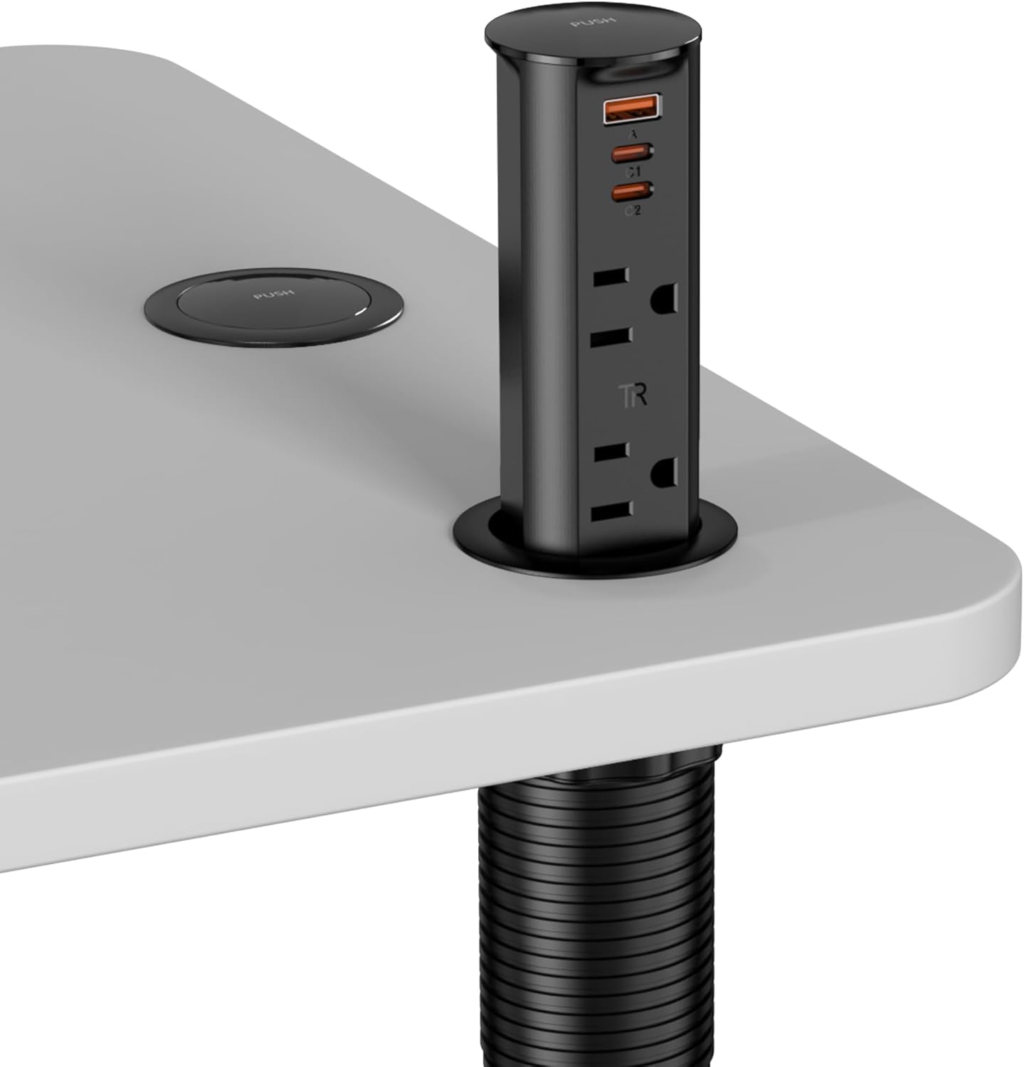 2 Inch Pop Up Outlet for Countertop,Power Grommet 2-inch Desk Wire Hole Insert,20W USB C,2 Outlets,2 USB C/1 USB A,Recessed Outlet,Desk Charging Station (Black, 6 FT Cable)