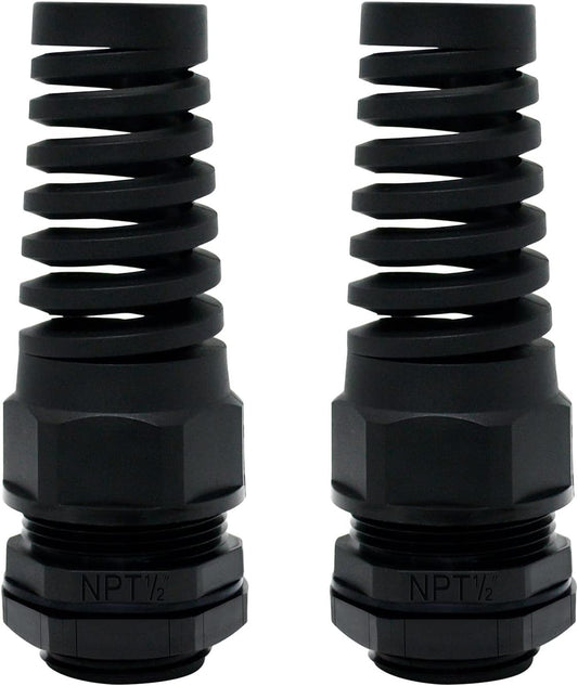 LeMotech 2Pcs NPT 1/2" IP68 Waterproof Cable Gland Flex Spiral Strain Relief Black Nylon Joint with Gaskets for 6-12mm Wire Thread