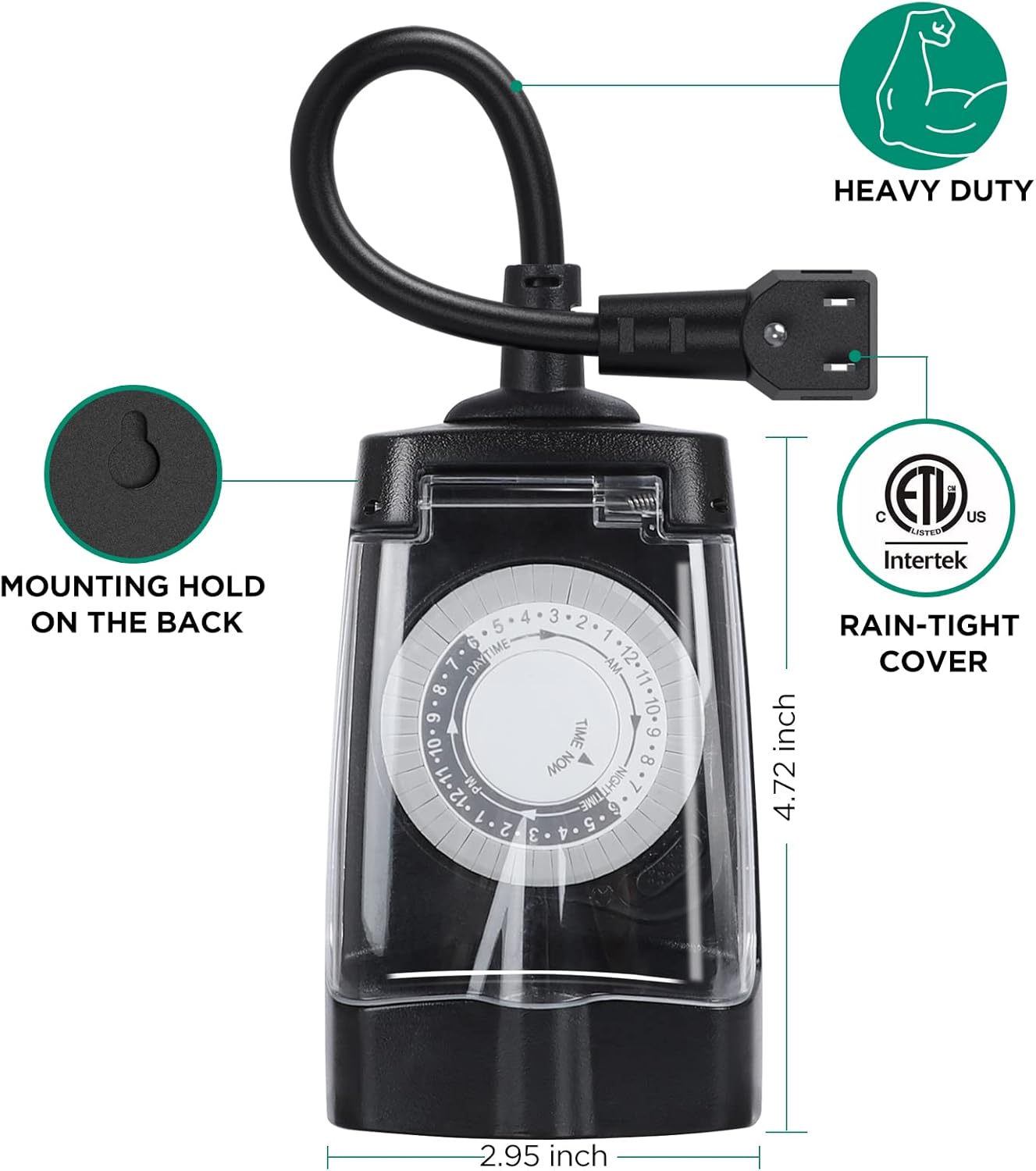 G-Homa 24 Hour Mechanical Outdoor Timer Outlet, Outdoor Timer for Lights, Waterproof, 2 Grounded Outlets, 15A 1/2HP, Heavy Duty, ETL Listed (2 Packs)