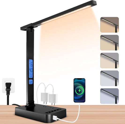 Smart Desk Lamp with Dual USB Charging (Type-C/USB-A) & 2 AC Outlets, Digital Clock, Temperature Display, 5 Color Modes, 5 Brightness, Adjustable - for Office, Bedroom, Dorm Room, Study