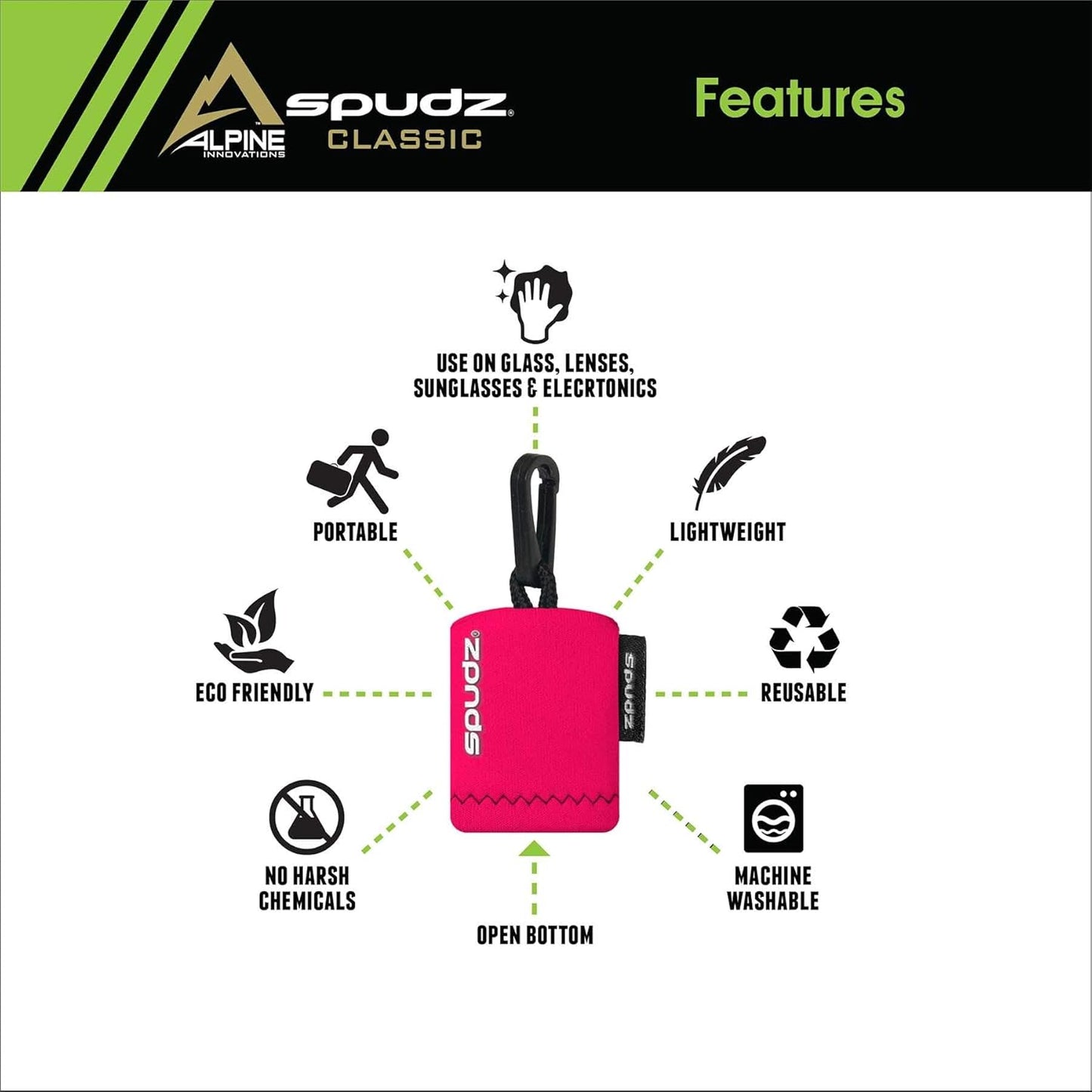 SPUDZ Classic Microfiber Lens Cleaner – Clip-On Pouch, Washable – for Binoculars, Scopes, Glasses, Screens | Pink, 6 x 6 Inch (3-Pack)