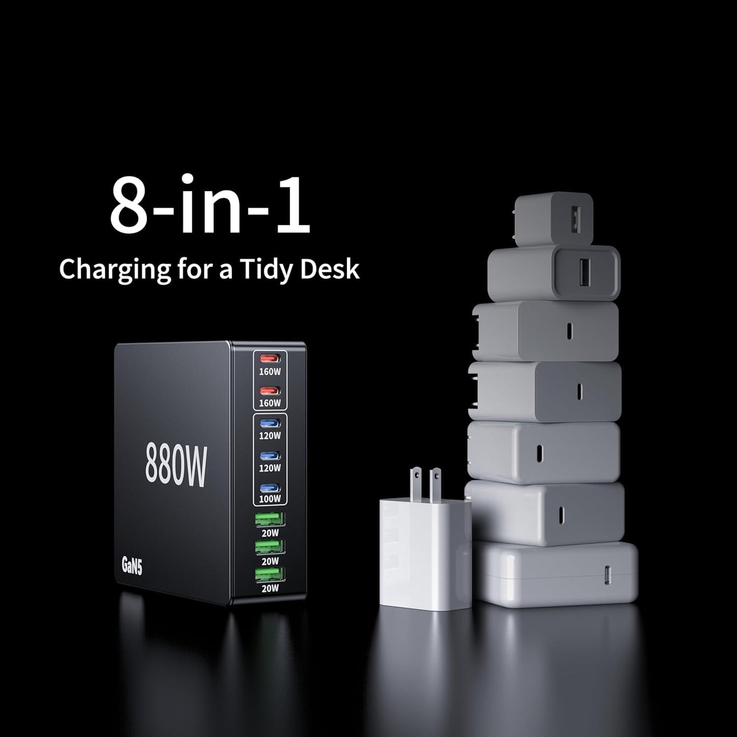 880W USB C Charger Block Charging Station 8 Port Fast GaN Chager 140W 160W PD PPS HUB for Laptop MacBook Charger Compatible with MacBook Pro/Air/All iPad iPhone 17/16/15/14/13/Pro Max/Galaxy Note