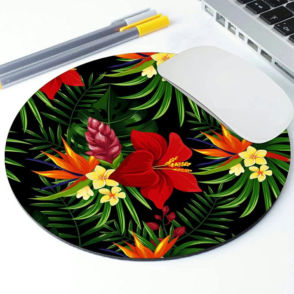 Rainforest Seamless Pattern Tropical Leaves, Tropical Jungle Plants and Exotic Flowers Round Mousepad, Personalized Custom Design Mouse Pads，Mousepad for Laptop Computers(plant1)