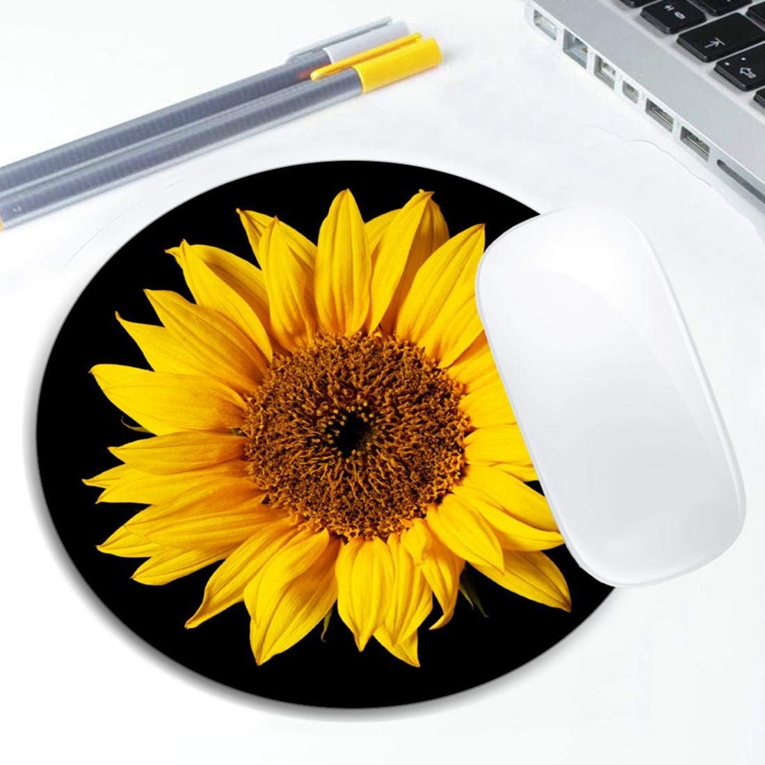 Sunflower On Black Sun Flower Mouse Pad Round Non-Slip Rubber Mousepad Laptop Office Computer Decor Cute Desk Accessories Customized Design Mouse Pad