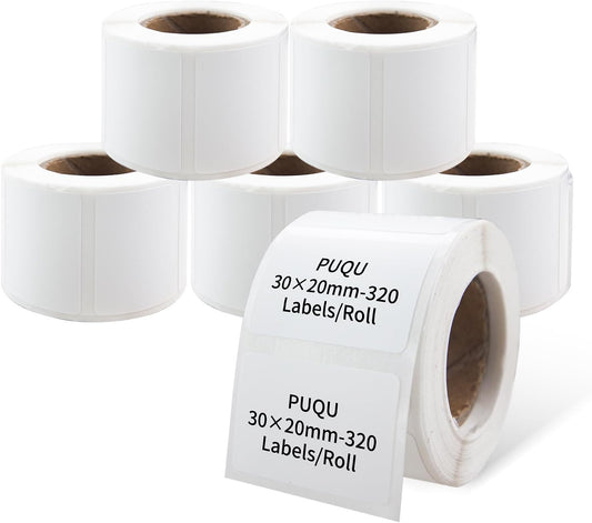 PUQU 30x20mm Direct Thermal Sticker Labels, Self-Adhesive All-Purpose Label Maker Tape, Compatible with AQ Series Label Printer, Refills Standard Laminated Office Labeling, 6 Rolls, 1920 Labels
