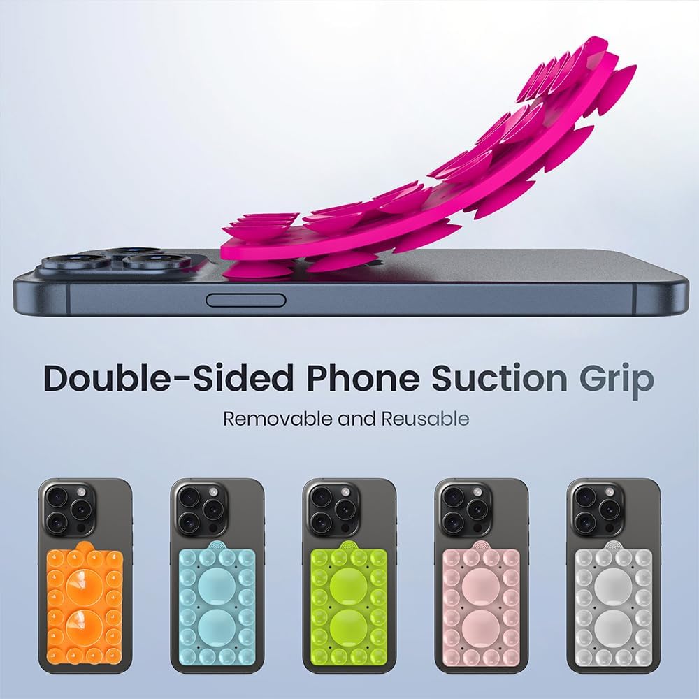 Double Sided Silicone Suction Phone Holder Mount,Compatible with iPhone and Android Cases Hands-Free Mirror Shower Phone Mount Strong Grip Holder (Rose Pink, Double Sided 2PCS)