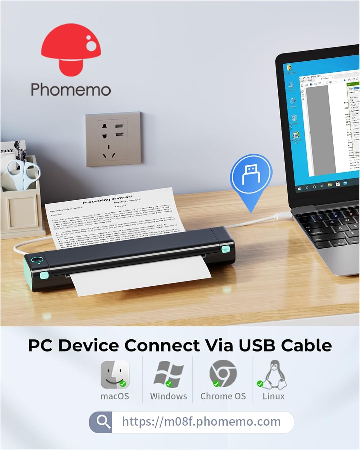 Phomemo Portable Printers Wireless for Travel, M08F Thermal Bluetooth Printer Support for 8.5"x11" US Letter, Small Inkless Printer Compatible with iOS, Android, Laptop for Car, Office, Home