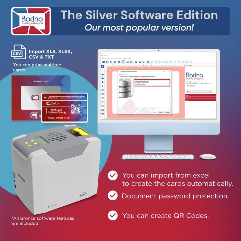 Bodno Seaory S25 Single Sided ID Card Printer & Complete Supplies Package ID Software - Silver Edition
