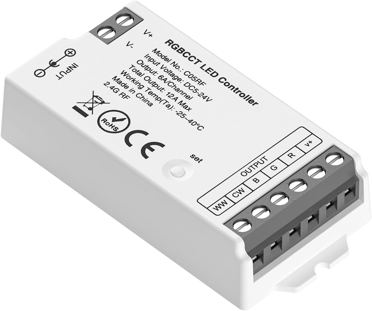 BTF-LIGHTING C05RF Tuya Controller Support PWM 5050SMD FCOB COB RGBCCT (+ R G B C W) 6pin LED Strip Bulb Support with WR02RF RC03RFB RF Remote DC5V/12V/24V Max 12A Indoor Use Only(NO Remote NO Power)