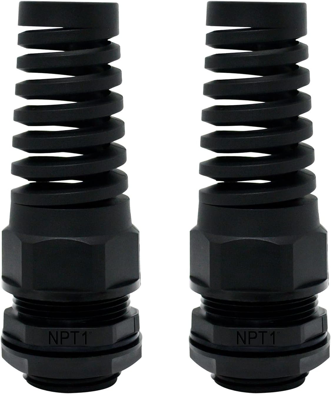 LeMotech 2Pcs NPT 1" IP68 Waterproof Cable Gland Flex Spiral Strain Relief Black Nylon Joint with Gaskets for 18-25mm Wire Thread