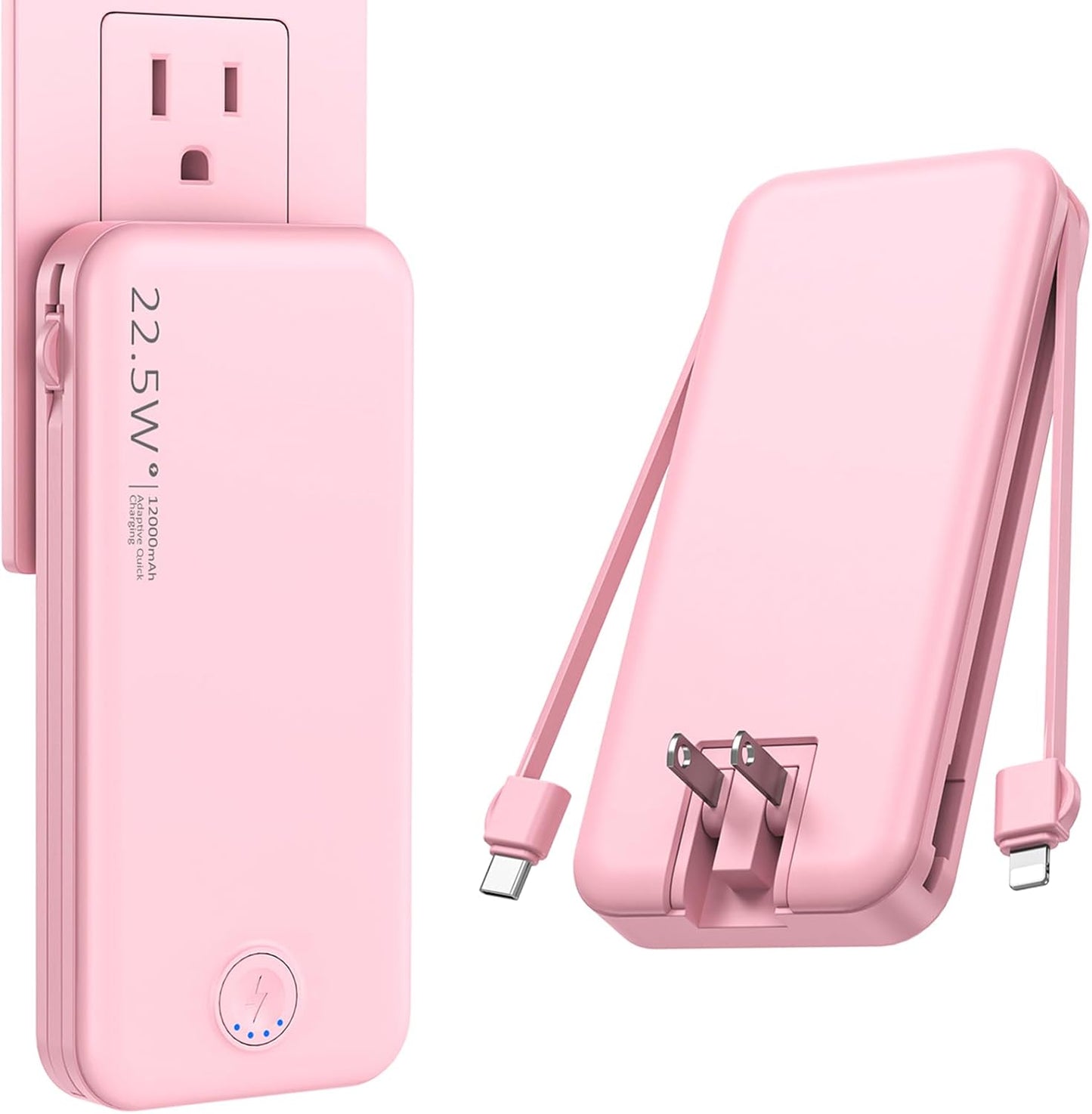 Portable Charger with Built in Cable and AC Wall Plug, USB C Power Bank 12000mAh 22.5W Super Fast Charging, Lightweight Portable Phone Charger Travel Battery Pack for iPhone, ect