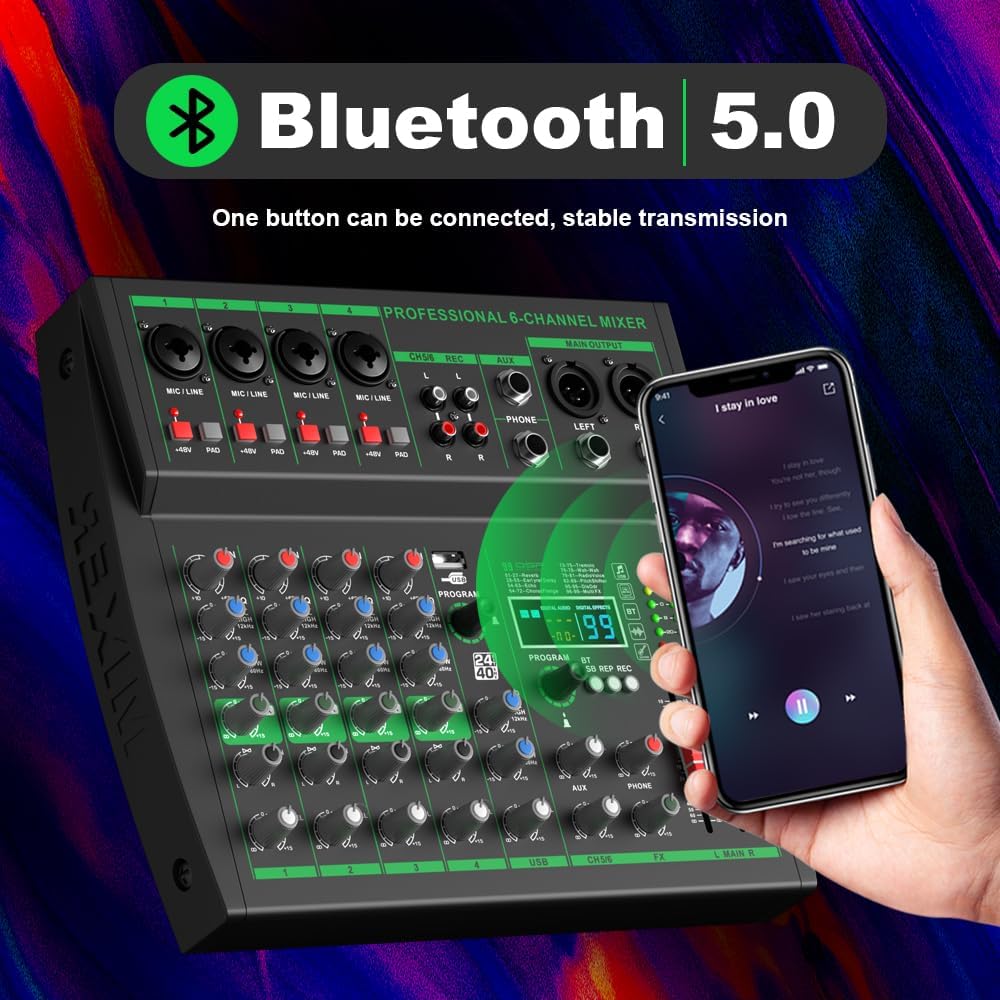 MW-6 black 6-Channel Professional DJ Audio Mixer Portable Controller Mixer with DSP 99 Preset Effects for Live Streaming, Podcasting, Home Party