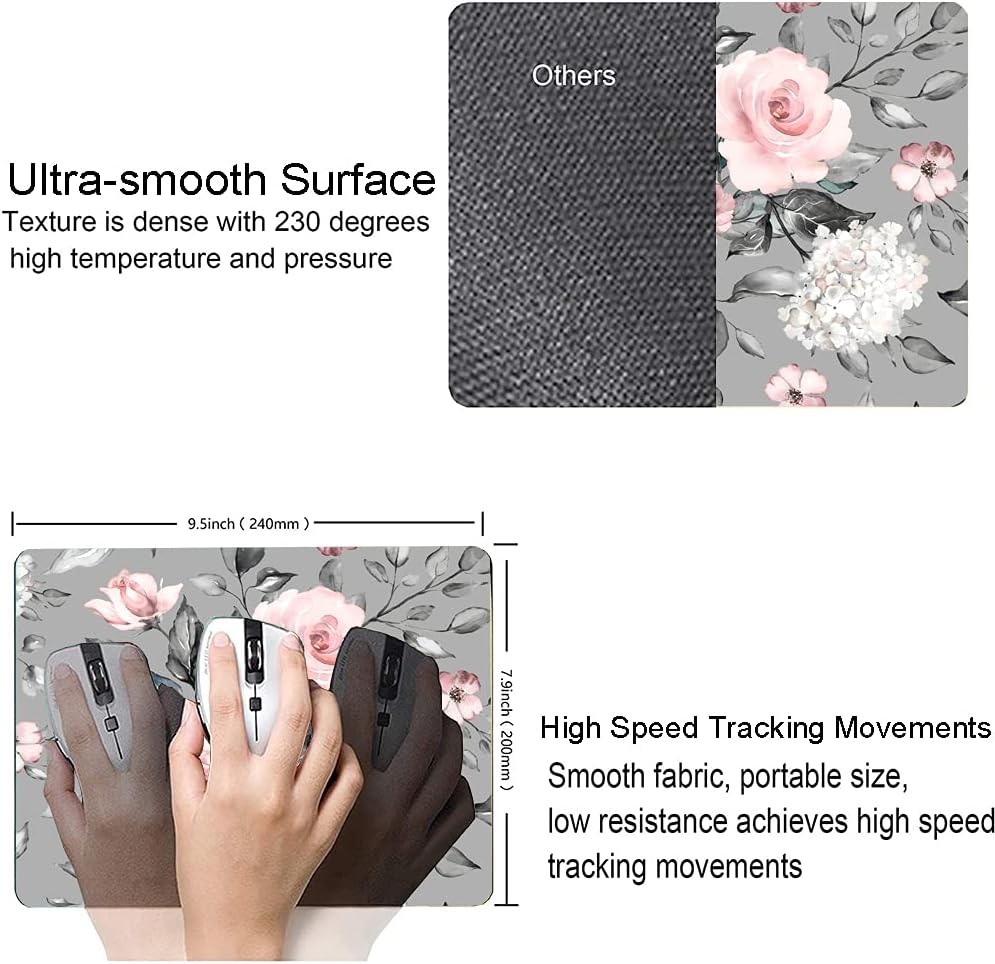 Mouse Pad, Gray Pink Roses Floral Flower Leaves Mouse Pad Rectangle Custom Designs, Waterproof Anti-Slip Rubber Mousepad Office Accessories Desk Decor Wireless Mouse Pads for Computers Laptop