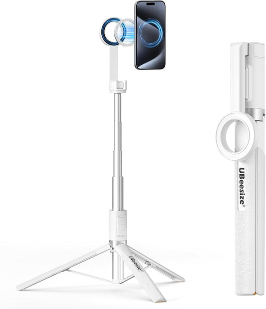 UBeesize Magnetic Tripod for iPhone with Remote, 64’’ Extendable Phone Stand for Video Recording/Vlogging, N52 Strong Holder for iPhone 12-15/Android, Portable Travel Selfie Stick Tripod(White)