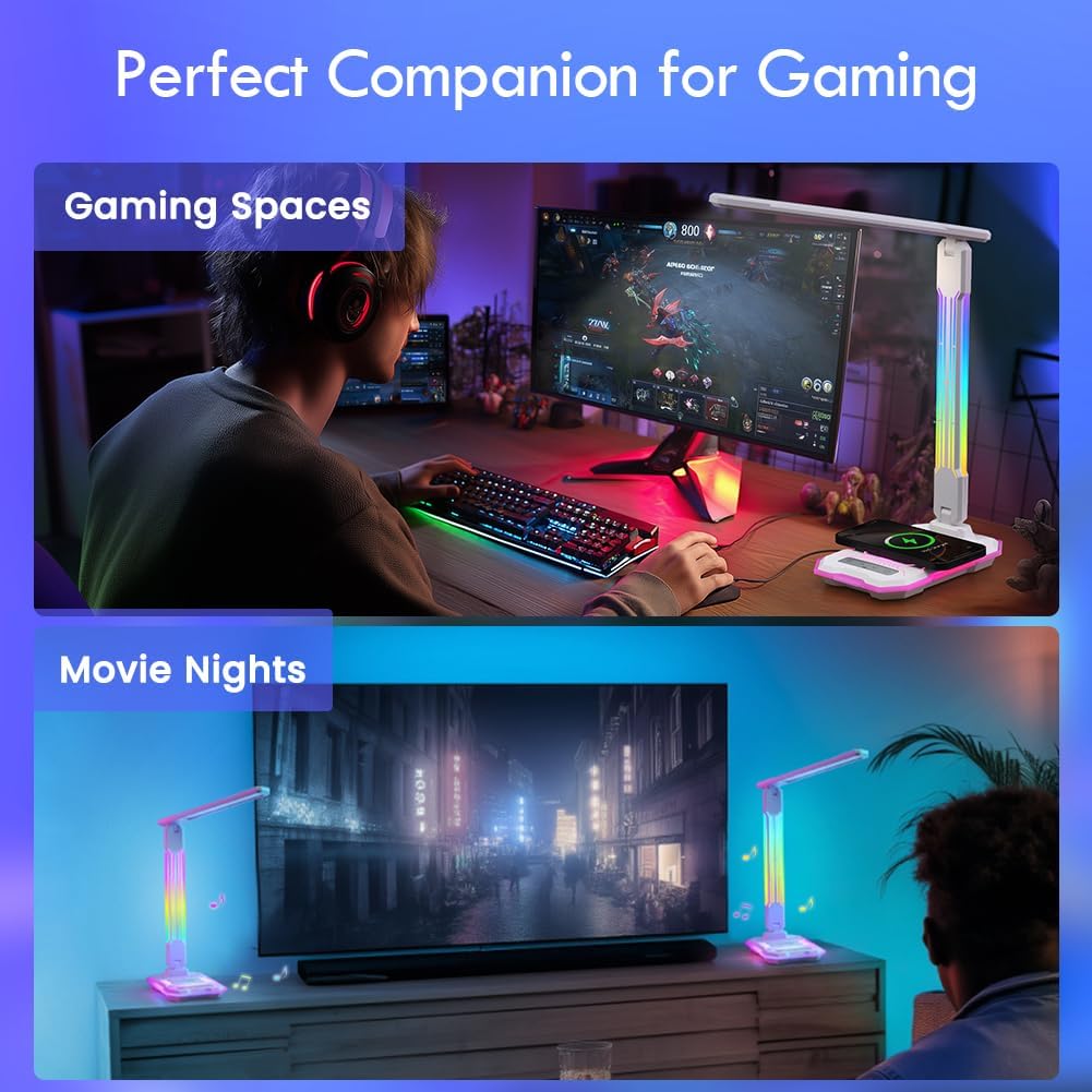 WILIT Desk Lamp for College Dorm Room,Sound Reactive RGB Lamp, Gamer Room Decor, Table Lamp with Wireless Charger&USB Charging Port,Touch Control Lamp,LED Reading Lamp for Home Office,Men Gifts