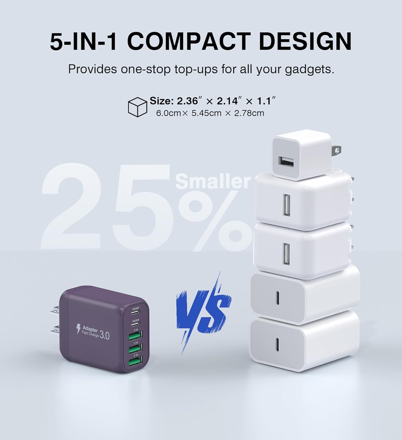 50W 2-Pack USB C Wall Charger Block, 5-Port C Charger Fast Charging Block PD Power Adapter +QC 3.0 Multiport Type C Box Brick Cube USB A Wall Plug for iPhone 16/15/14/13 Pro Max,Samsung Galaxy(Purple)