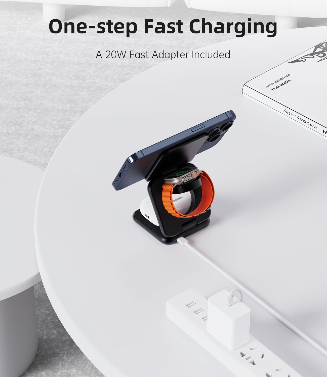 Foldable Magnetic Wireless Charger, KU XIU X40 Aluminum Alloy 3 in 1 Charging Station for Apple, Fast Charging Travel Charger for iPhone 16 15 14 13 12 Series, 5W for Apple Watch Ultra, AirPods, Black