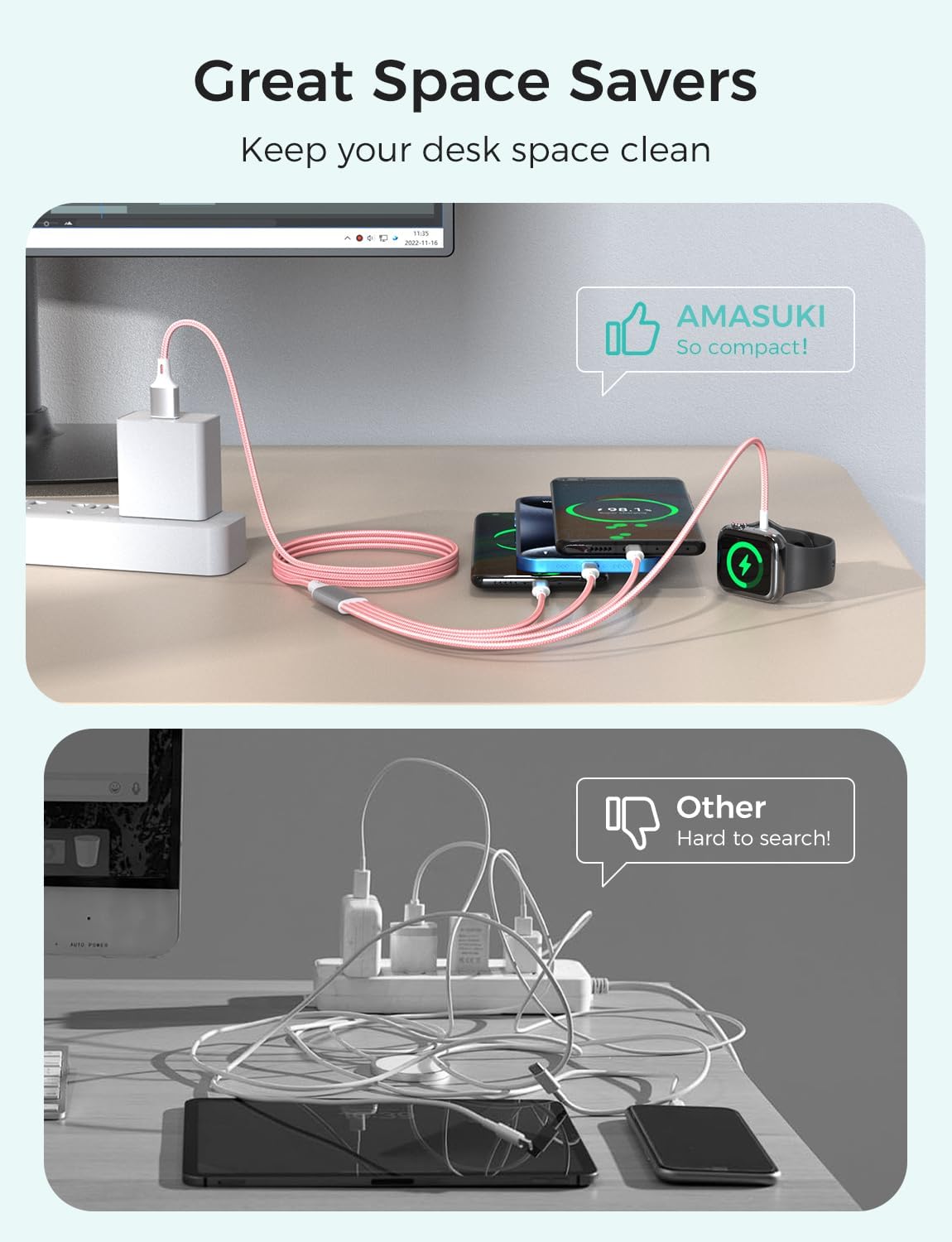 Travel Essentials Multi Charging Cable for Watch Charger 4 in 1 Fast Charger Camping Essentials USB C/L/Micro Compatible with Watch Series 10-1/SE/Ultra Phone 16 15/Galaxy Android-4FT/Pink