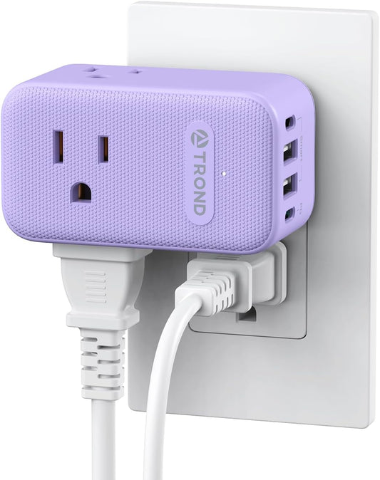 TROND Multi Plug Wall Outlet, 3 AC Outlet Extender with 360 Rotating Plug, Small Wall Adapter with PD 20W USB C, Cute and Durable for Purple Lovers, Goes with All Scenes Purple Vibe