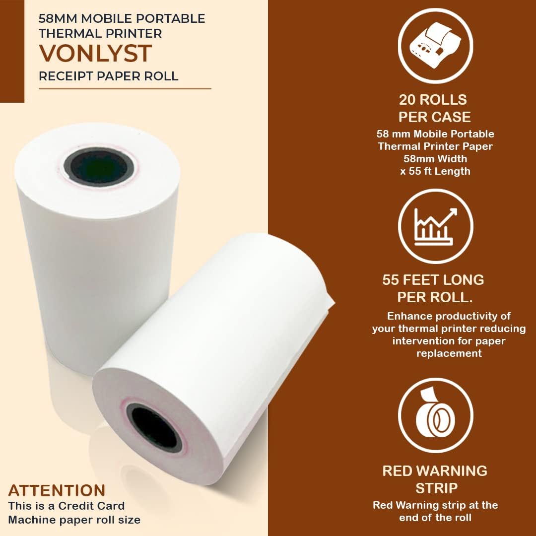 Receipt Paper Roll for 58mm Mobile Portable Thermal Printer (Pack 20 rolls)