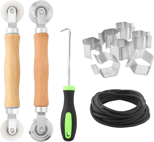 Window Screen Repair Kit, Steel/Nylon Roller Tool with Bearing+8pcs Screen Clips+32ft Screen Spline+Spline Removal Hook, 5 in 1 Screen Roller Tool Kit for Installing Door Mesh Screens