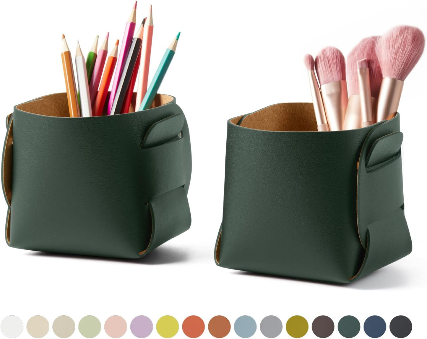 HOMIEAZICOZI 2-Pack Cork Leather Desk Accessories Storage - Pencil Pen Holder - Makeup Brush Holder Organizer - Stylish Addition to Home Decor (Dark Green)