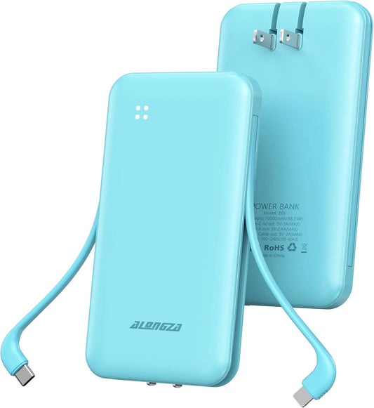 Alongza Portable Charger Built-in Cables and AC Wall Plug, Slim Fast Charging Power Bank 10000mAh, Lightweight USB C External Battery Pack Compact Travel Cell Phone Charger