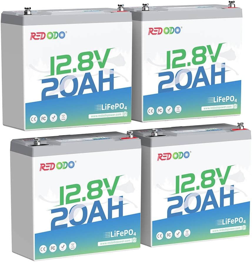 Redodo 12V 20Ah LiFePO4 Battery with 20A BMS, 4000+ Deep Cycles Lithium Battery, 256Wh Energy Storage, Ideal for Fish Finder,Outdoor Camping,Ice Fishing,4 Pack
