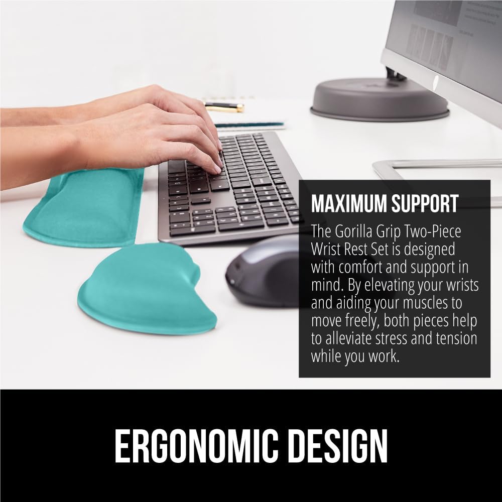GORILLA GRIP Silky Gel Memory Foam Wrist Rest for Computer Keyboard, Mouse, Ergonomic Design for Typing Pain Relief, Desk Pads Support Hand, Arm, Mousepad Rests, Stain Resistant, 2 Piece Pad Turquoise