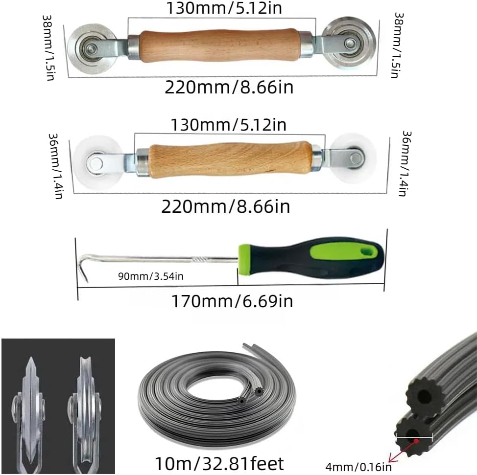 Screen Repair Tool Kit – Includes 2 Types of Screen Roller Tools, 32ft Screen Retainer Spline, and Spline Removal Hook – 4-in-1 Window & Door Mesh Installation Set