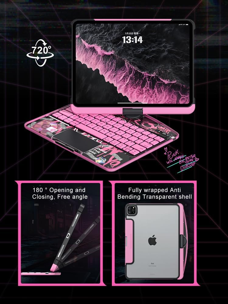 KARTICE Transparent 360 Keyboard Case with Wireless Keyboard for iPad Pro 13 2024 13 inch, Multi-Touch Trackpad, 7 Color Backlight, 360° Rotating Stand with Pencil Holder for iPad Pro 13